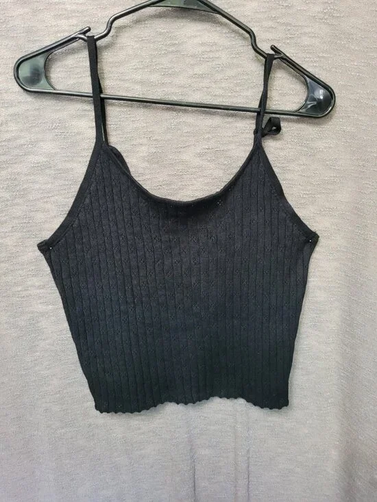 VTG Y2K Tank Top Black Eyelet Womens Jrs XL Cropped Fairy Grunge Gothic Stretch - Picture 10 of 15